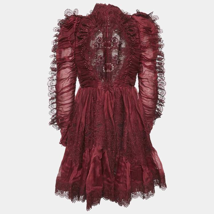 Pre Owned Zimmermann Burgundy Linen and Silk Lace Trimmed Mini Dress M