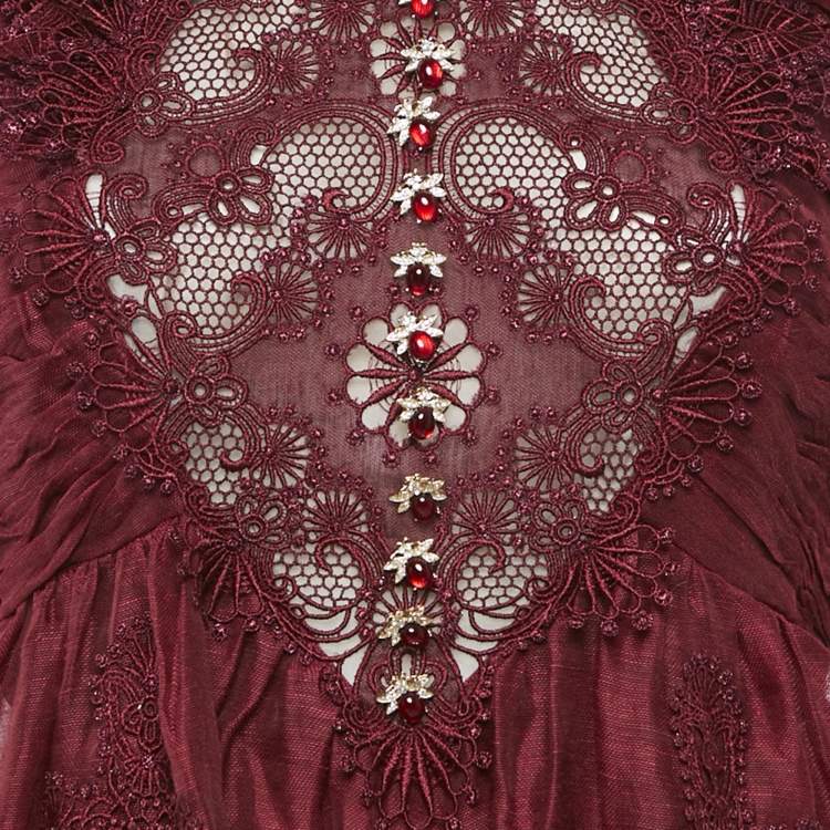 Pre Owned Zimmermann Burgundy Linen and Silk Lace Trimmed Mini Dress M