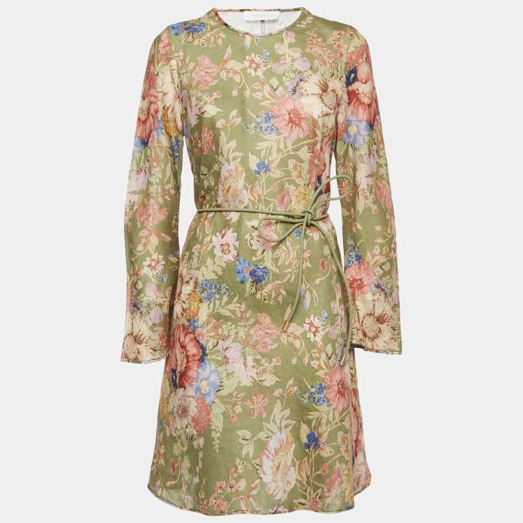 Pre Owned Zimmermann Green Floral Print Linen August Bias Mini Dress L