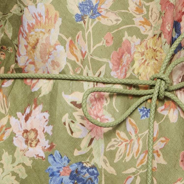 Pre Owned Zimmermann Green Floral Print Linen August Bias Mini Dress L