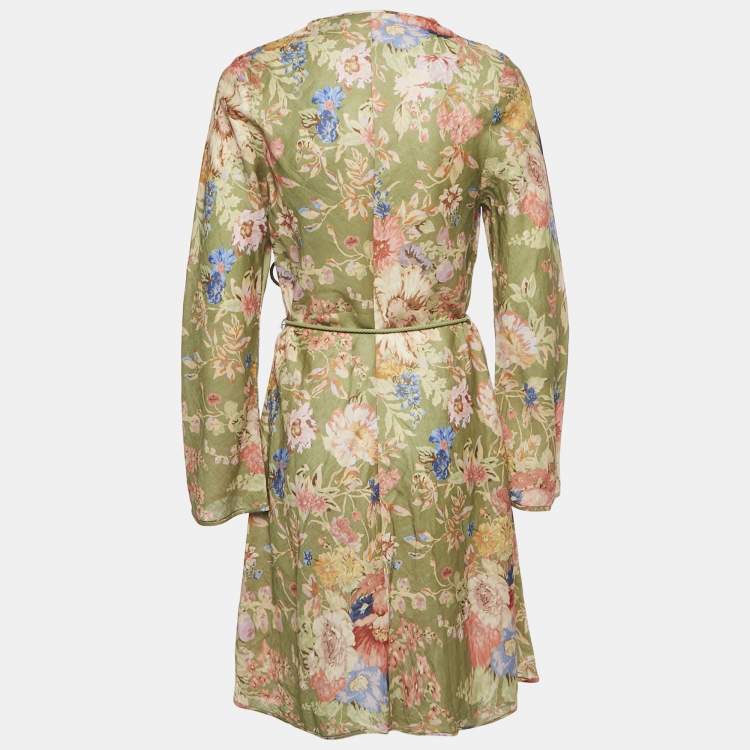 Pre Owned Zimmermann Green Floral Print Linen August Bias Mini Dress L
