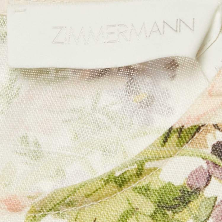 Pre Owned Zimmermann White Floral Print Linen Halliday Frill Sleeve Dress M