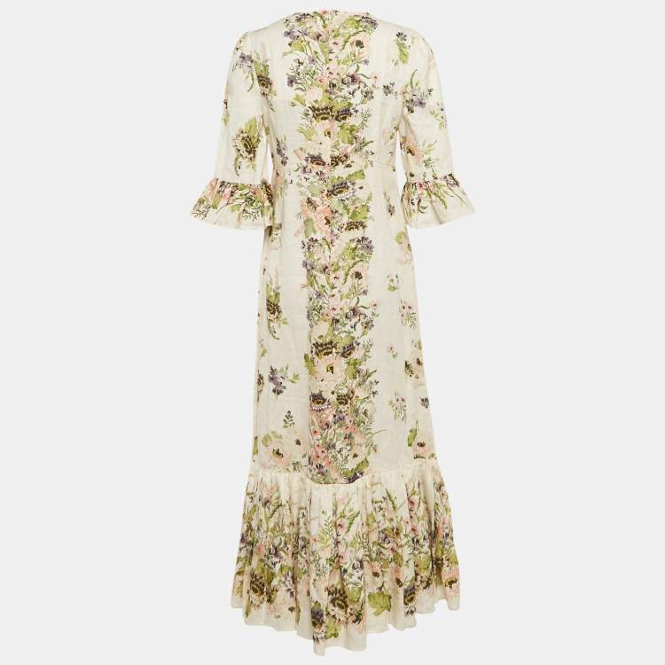 Pre Owned Zimmermann White Floral Print Linen Halliday Frill Sleeve Dress M