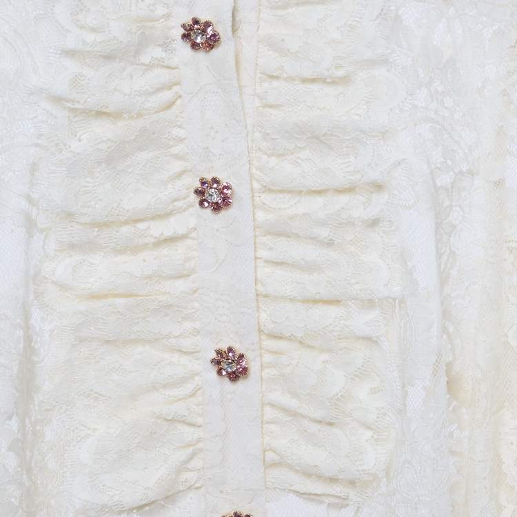 Pre Owned Zimmermann Cream Lace Ruffled Sheer Blouse M