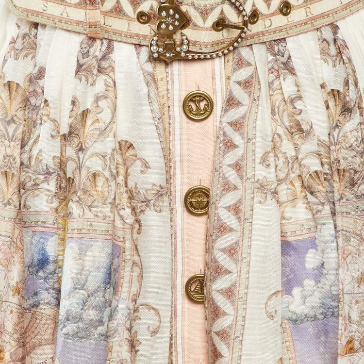 Pre Owned Zimmermann Light Beige Printed Linen & Silk Belted Maxi Dress S
