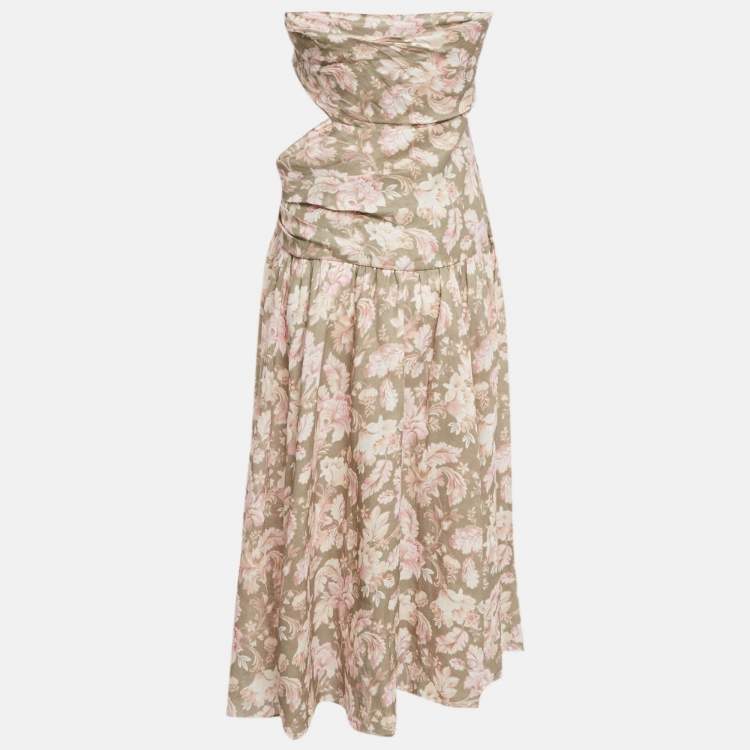 Pre Owned Zimmermann Green Printed Linen Lyre Wrap Tie Side Midi Dress L