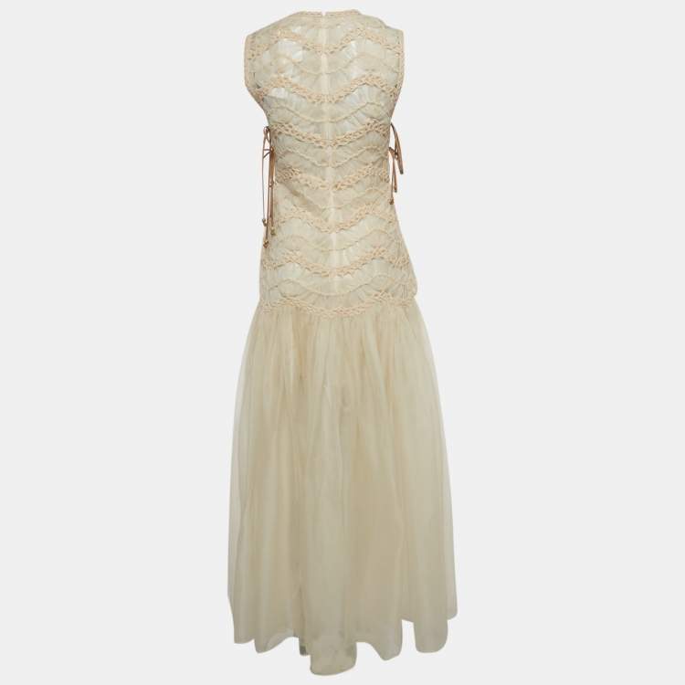 Pre Owned Zimmermann Cream Organza Illuminate Macrame Tulle Maxi Dress M