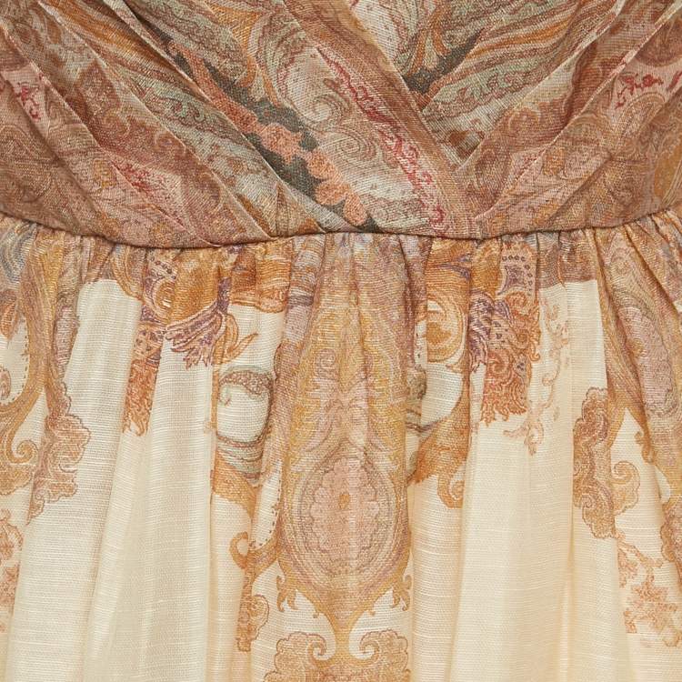 Pre Owned Zimmerman Beige Paisley Print Linen and Silk Blend Draped Midi Dress M