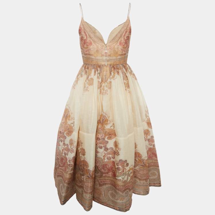 Pre Owned Zimmerman Beige Paisley Print Linen and Silk Blend Draped Midi Dress M