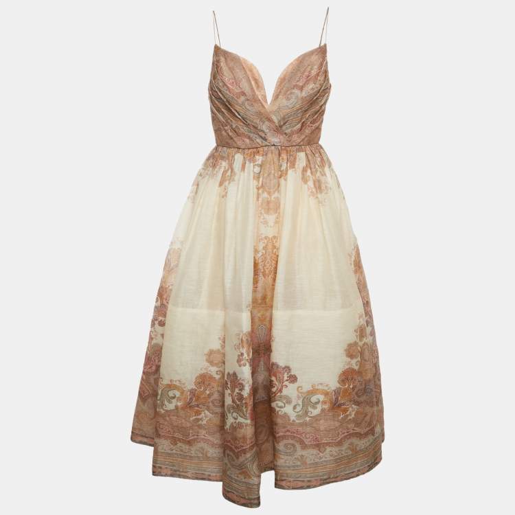 Pre Owned Zimmerman Beige Paisley Print Linen and Silk Blend Draped Midi Dress M