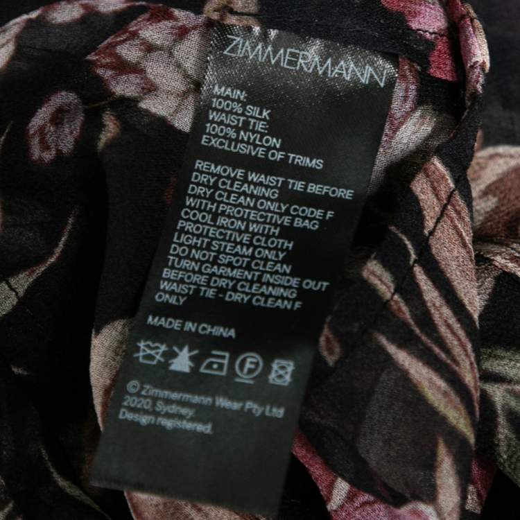مملوكة مسبقًا Zimmermann Black Floral Printed Silk Ruffle Trim Tiered Lucky Belted Dress S