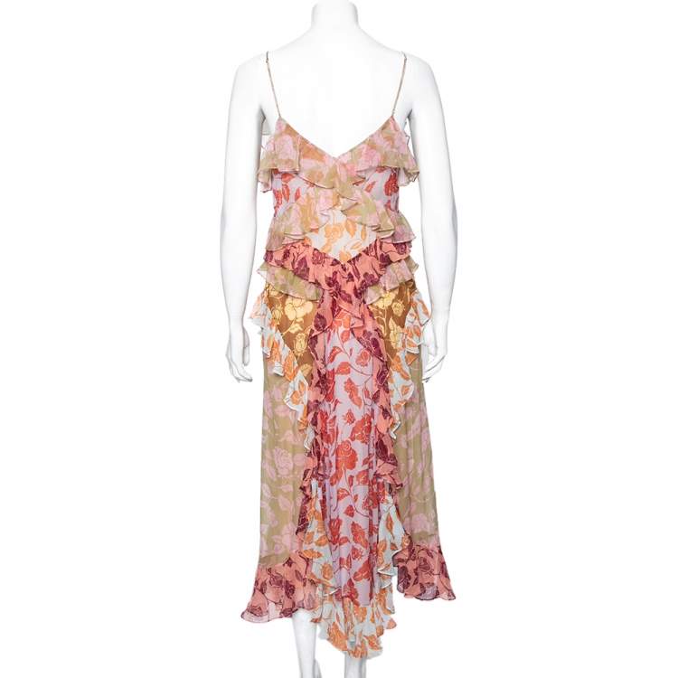 مملوكة مسبقًا Zimmermann Multicolor Rose Printed Silk Ruffled Lovestruck Slip Dress M