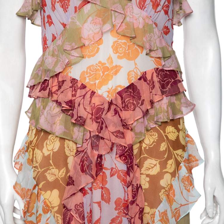مملوكة مسبقًا Zimmermann Multicolor Rose Printed Silk Ruffled Lovestruck Slip Dress M