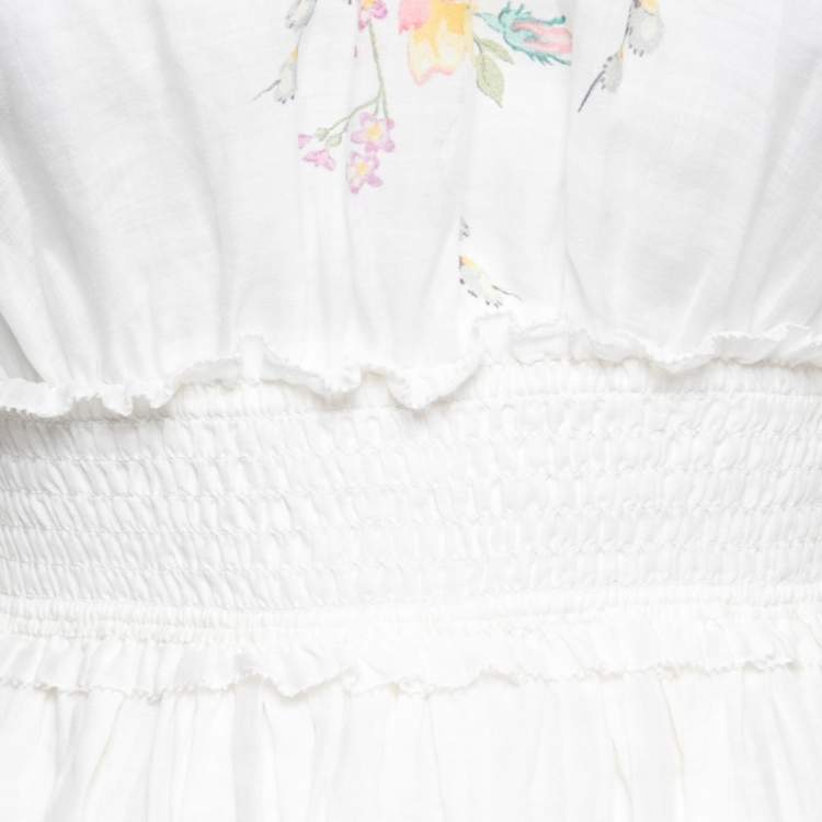 Pre Owned Zimmermann White Floral Printed Ramie Zinnia Shirred Midi Dress S