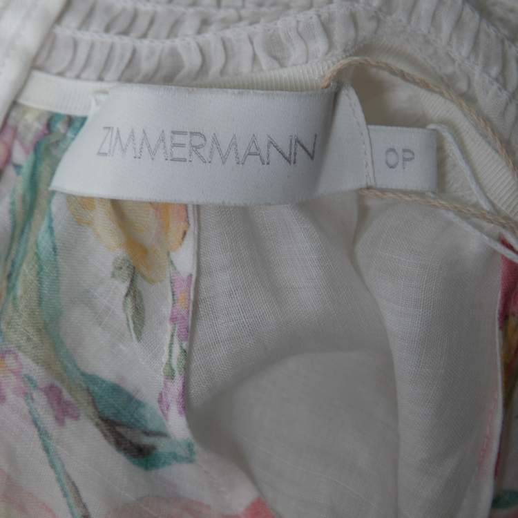 Pre Owned Zimmermann White Floral Printed Ramie Zinnia Shirred Midi Dress S