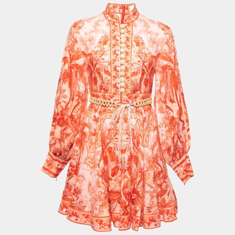 Pre Owned Zimmermann Red Printed Linen Belted Mini Dress M