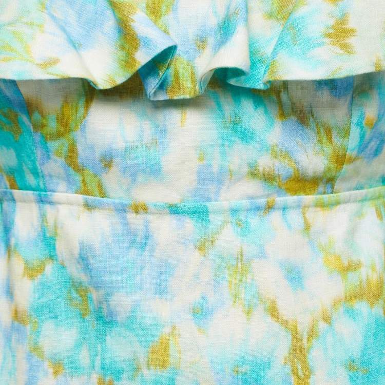 Pre Owned Zimmermann Green Printed Linen High Tide Frilled Midi Dress L
