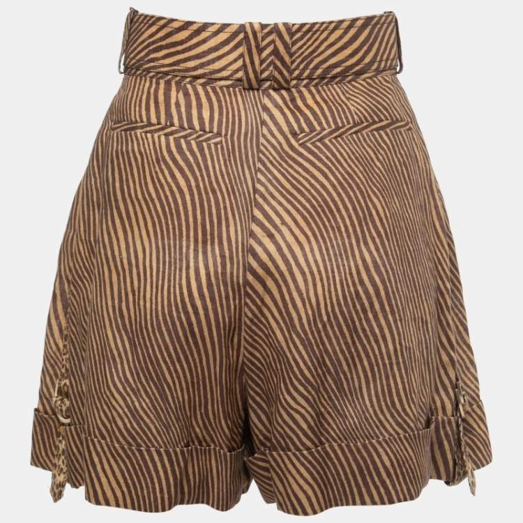 Pre Owned Zimmermann Brown Animal Printed Linen Belted High Waist Cuffed Shorts S