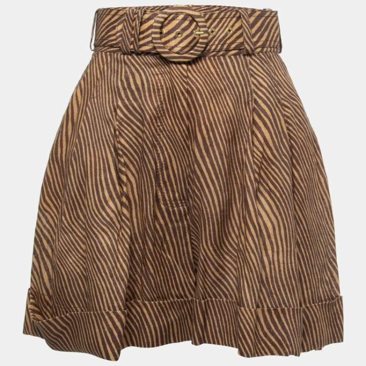 Pre Owned Zimmermann Brown Animal Printed Linen Belted High Waist Cuffed Shorts S