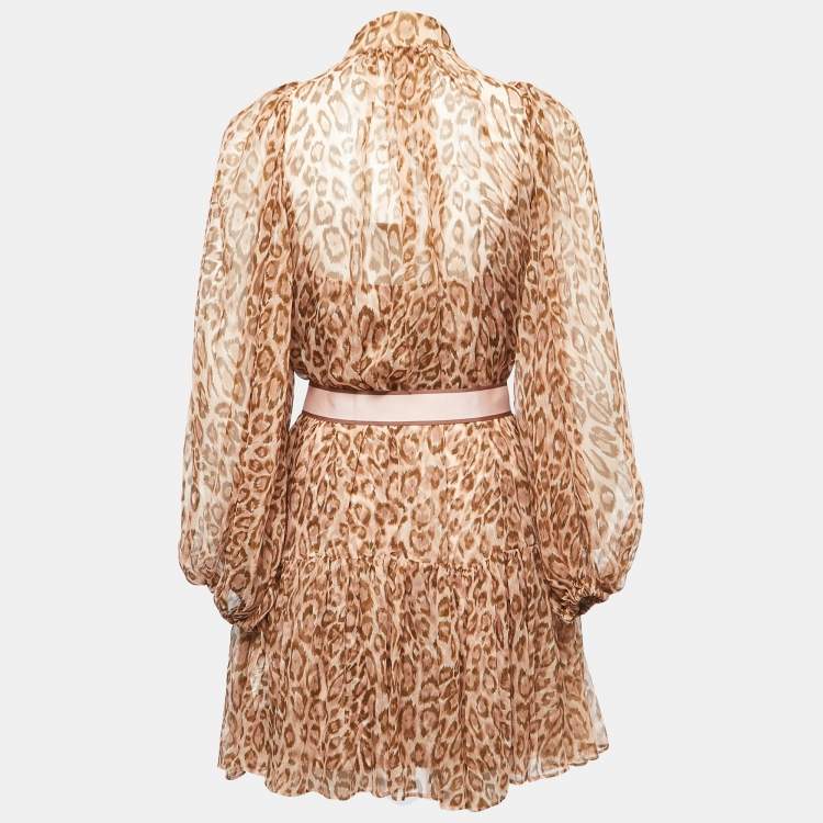Pre Owned Zimmermann Brown/Pink Animal Printed Silk Bell Sleeve Mini Dress M