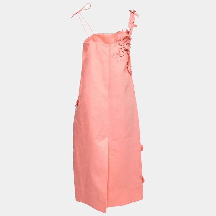 Pre Owned Zimmermann Coral Pink Linen Floral Appliquéd One-Shoulder Dress XL 