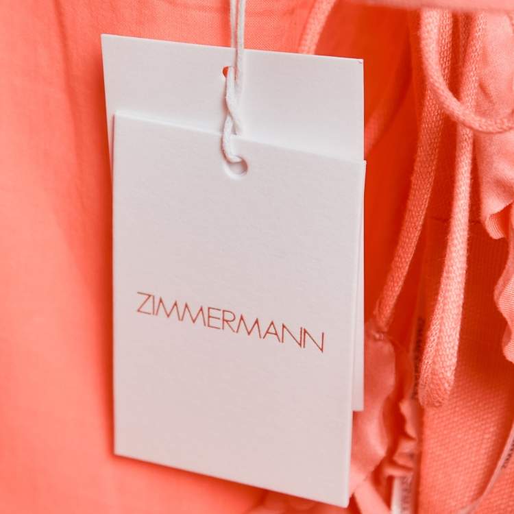 Pre Owned Zimmermann Coral Pink Linen Floral Appliquéd One-Shoulder Dress XL 