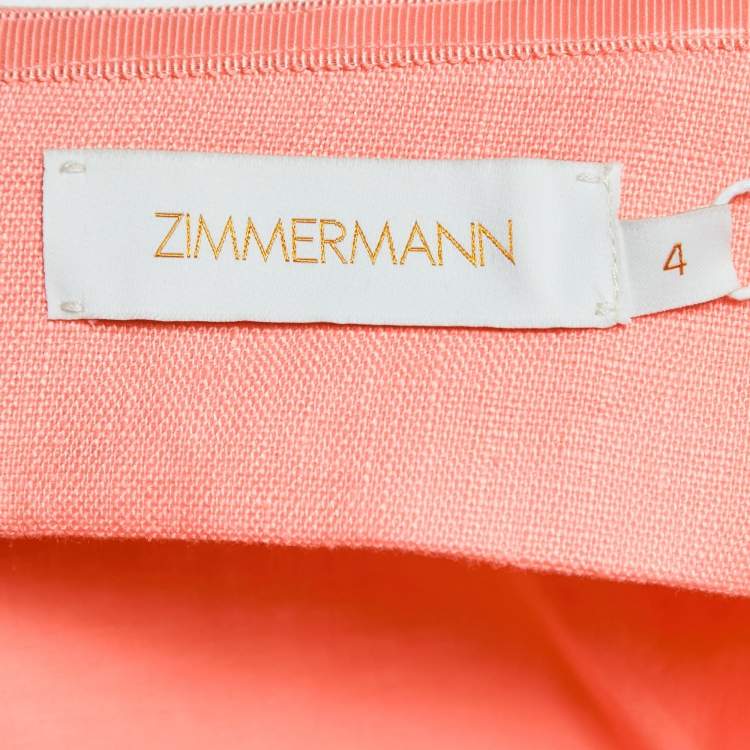 Pre Owned Zimmermann Coral Pink Linen Floral Appliquéd One-Shoulder Dress XL 