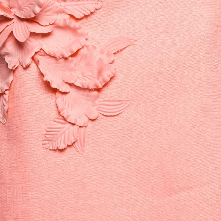 Pre Owned Zimmermann Coral Pink Linen Floral Appliquéd One-Shoulder Dress XL 