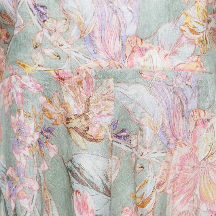 Pre Owned Zimmermann Green Floral Printed Linen Bandeau Midi Dress XL