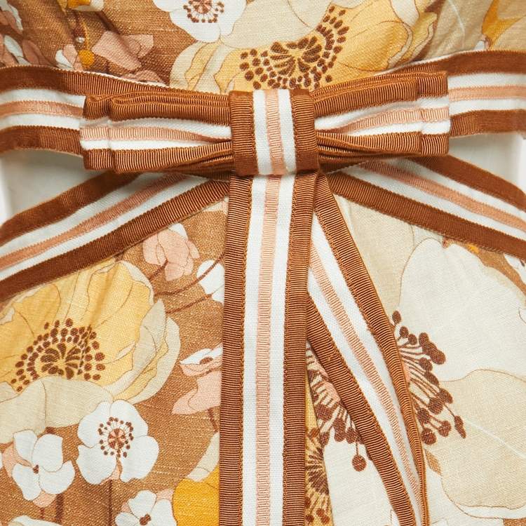 Pre Owned Zimmermann Floral Print Linen Cutout Bow Detail Mini Dress S