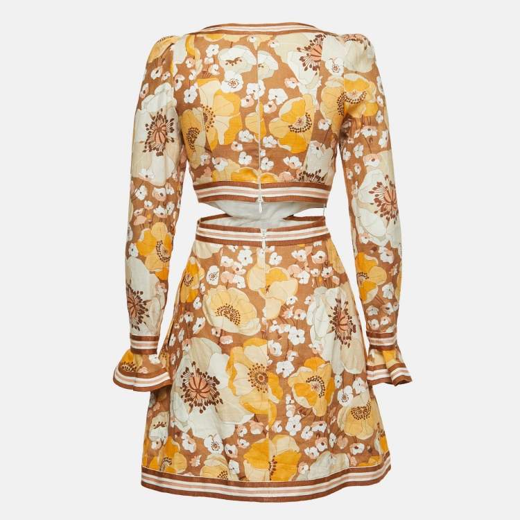 Pre Owned Zimmermann Floral Print Linen Cutout Bow Detail Mini Dress S