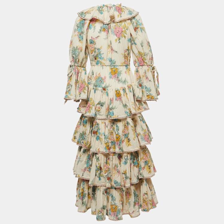 Pre Owned Zimmermann Cream Floral Print Cotton Frill Tiered Maxi Dress S
