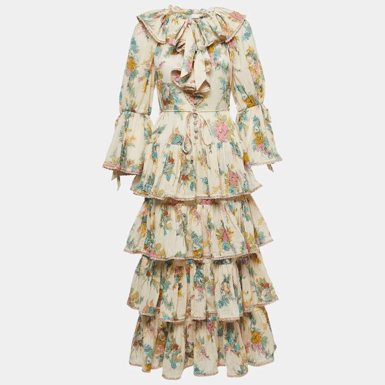 Pre Owned Zimmermann Cream Floral Print Cotton Frill Tiered Maxi Dress S