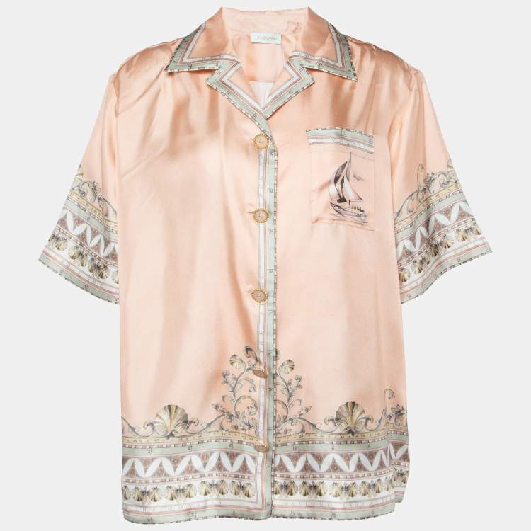 Pre Owned Zimmermann Peach Pink Odyssey Printed Silk High Tide Oversized Shirt S