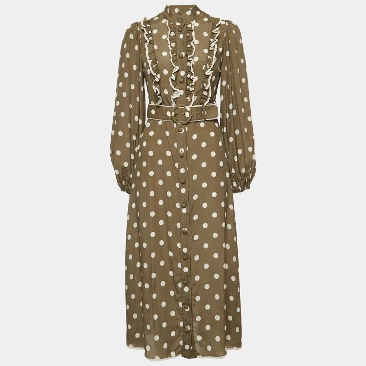 Pre Owned Zimmermann Green Polka Dot Silk-Blend Belted Midi Dress S