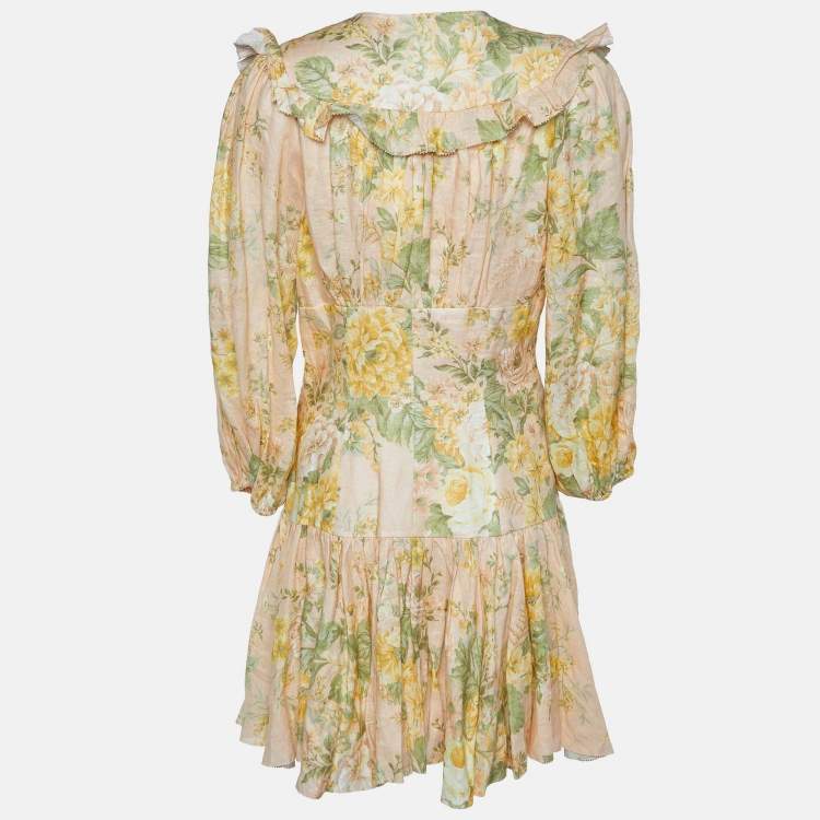 Pre Owned Zimmermann Beige Floral Printed Linen Corset Mini Dress M