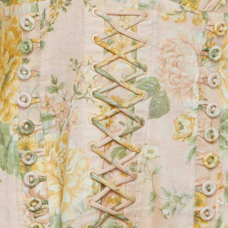 Pre Owned Zimmermann Beige Floral Printed Linen Corset Mini Dress M