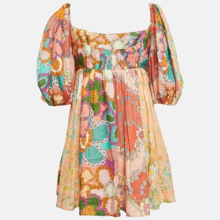 Pre Owned Zimmermann Multicolor Floral Print Linen Lola Panelled Mini Dress M