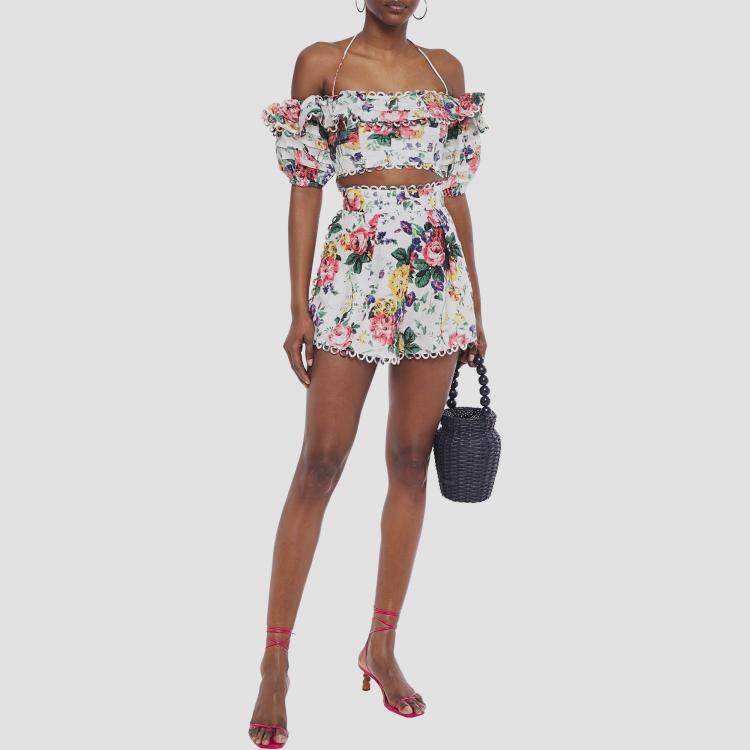 Pre Owned Zimmermann White Floral Print Linen Crop Top S 
