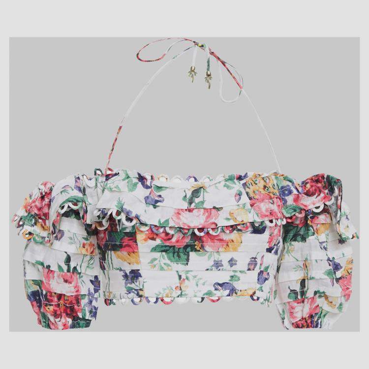 Pre Owned Zimmermann White Floral Print Linen Crop Top S 