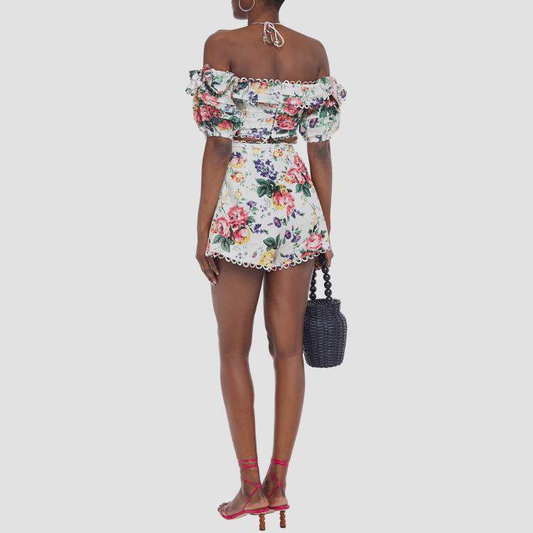 Pre Owned Zimmermann White Floral Print Linen Crop Top S 