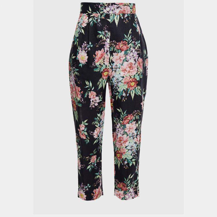 Pre Owned Zimmermann Black Floral Linen Tapered Pants S