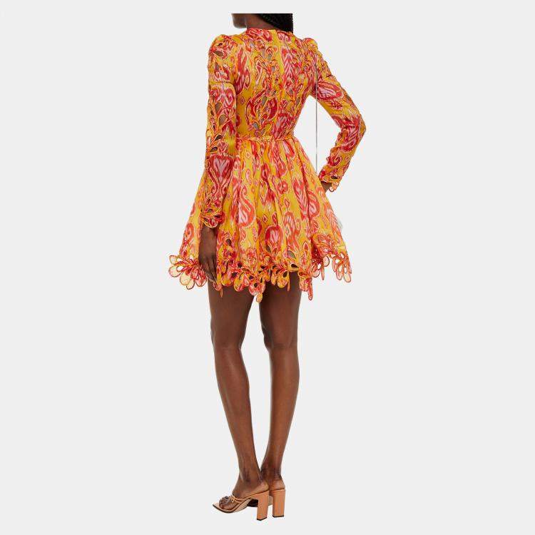 Pre Owned Zimmermann Orange/Yellow Printed Silk Mini Dress L (SIZE 3)