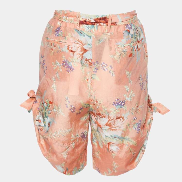 Pre Owned Zimmermann Orange Anais Antique Floral Print Silk Blend Belted Shorts XL