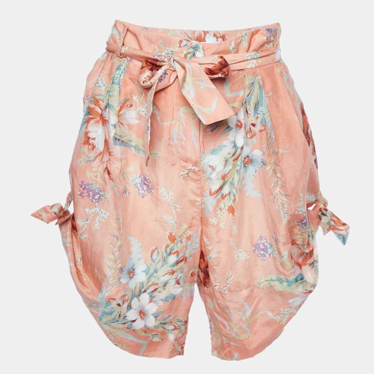 Pre Owned Zimmermann Orange Anais Antique Floral Print Silk Blend Belted Shorts XL