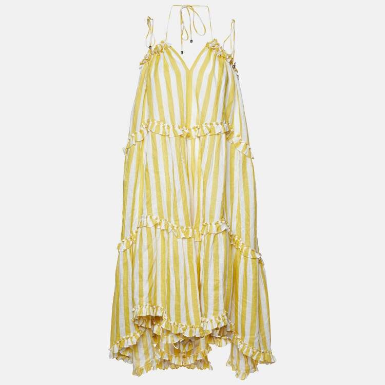 Pre Owned Zimmermann Yellow Stripe Print Linen Flared Dress S