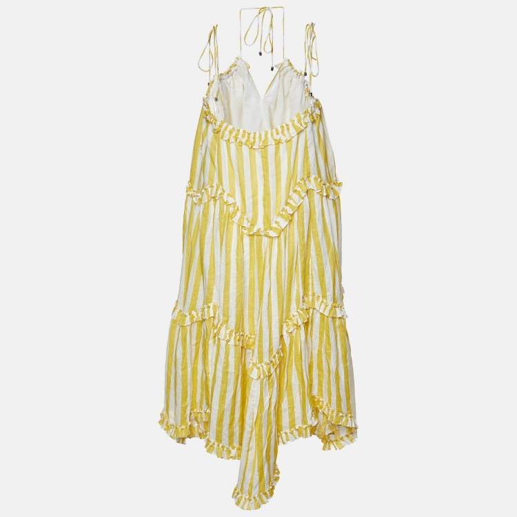 Pre Owned Zimmermann Yellow Stripe Print Linen Flared Dress S