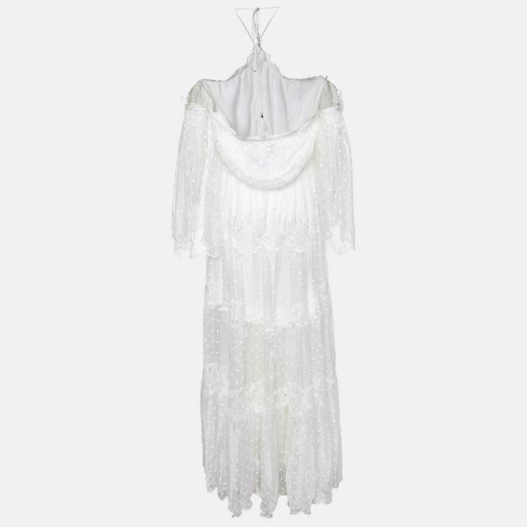Pre Owned Zimmermann White Dotted Silk Lace Paneled Maxi Dress XS  