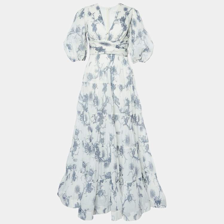 Pre Owned Zimmermann Off White Floral Printed Crepe Pleated V Neck Maxi Dress XS