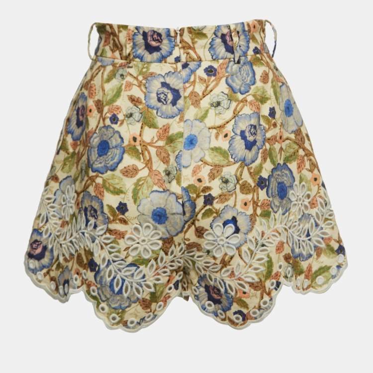 Pre Owned Zimmermann Multicolor Floral Print Schiffli Linen Shorts XS